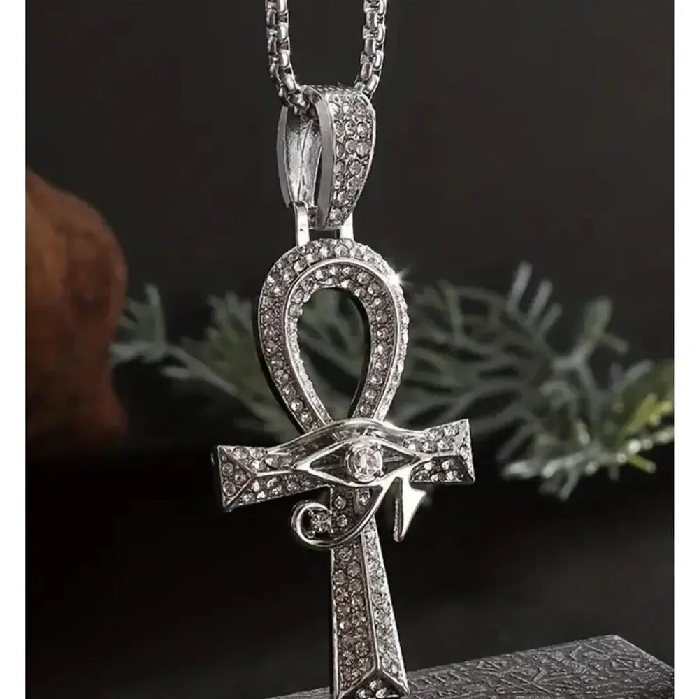 Silver Tone Crystal Ahnk Cross Necklace 23” Faith Pendant Sleek Classic NEW